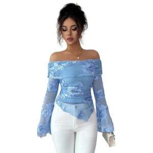 women’s off shoulder embroidered top | slim fit long sleeve