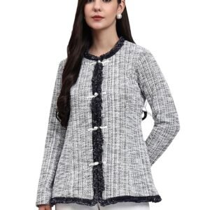 owersutra black & white tweed top jacket with textured buttons | tops for woman | women top stylish office wear