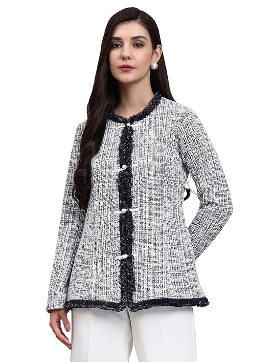 owersutra black & white tweed top jacket with textured buttons | tops for woman | women top stylish office wear owersutra black & white tweed top jacket with textured buttons | tops for woman | women top stylish office wear