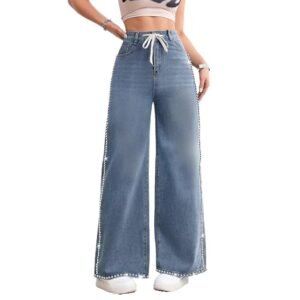 jeans mastyle® women's stylish light colored high waisted widast leg jeans | fashionable stone border