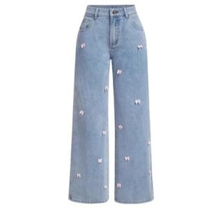 women's zipper fly bow knot denim pants | loose fit, button front, straight leg jeans for casual fashion