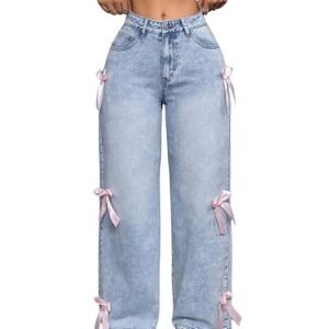 mastyle® women's zipper fly bow knot denim pants | loose fit, button front, straight leg jeans for casual fashion