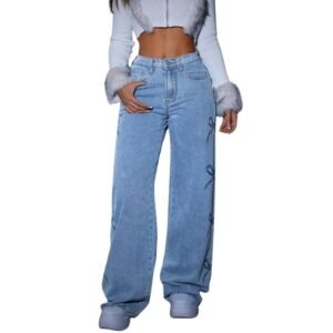 mastyle® women's high waist wide leg jeans | printed bow design trendy casual denim pants