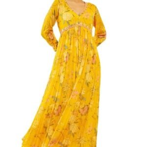 soch womens yellow chinon floral printed ethnic dress with mirror work