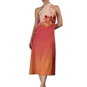 women party dress | slim fit halter neck sleeveless floral print midi dress | lustrous satin fabric