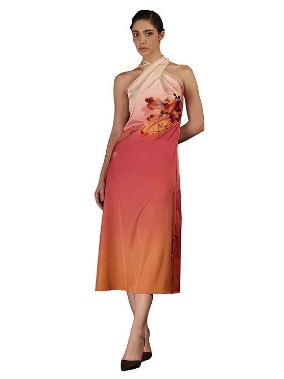 women party dress | slim fit halter neck sleeveless floral print midi dress | lustrous satin fabric women party dress | slim fit halter neck sleeveless floral print midi dress | lustrous satin fabric