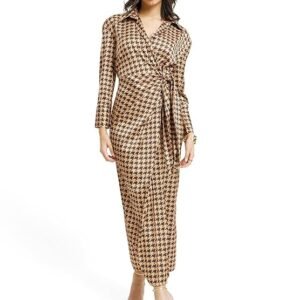 fablestreet women's casual shirt collar printed polyester midi dress