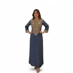 women's embroidered denim kaftaan dress, blue with gold embellishments, long sleeve, traditional ethnic style