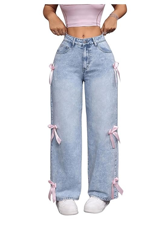 omen's zipper fly bow knot denim pants – loose fit, button front, straight leg jeans omen's zipper fly bow knot denim pants – loose fit, button front, straight leg jeans