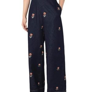 only women straight fit high rise embroidered cotton denim jeans