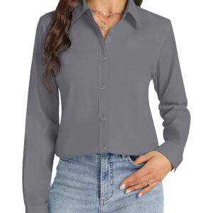 women stretch collared cotton long sleeve dress shirt business casual