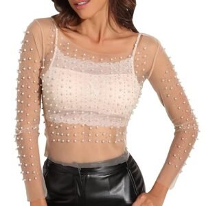 long sleeve mesh blouse one piece cover up crop top