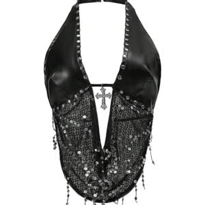 soly hux women's gothic grunge pu leather sparkly halter crop top