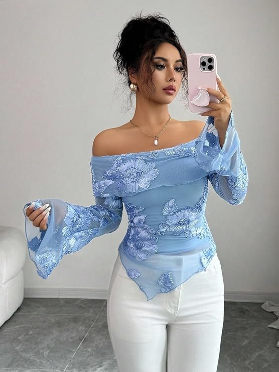 women’s off shoulder embroidered top | slim fit long sleeve women’s off shoulder embroidered top | slim fit long sleeve