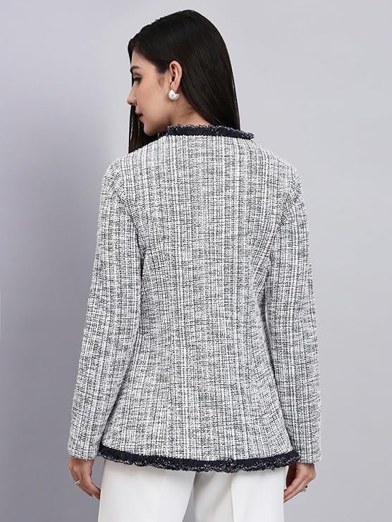 owersutra black & white tweed top jacket with textured buttons | tops for woman | women top stylish office wear owersutra black & white tweed top jacket with textured buttons | tops for woman | women top stylish office wear