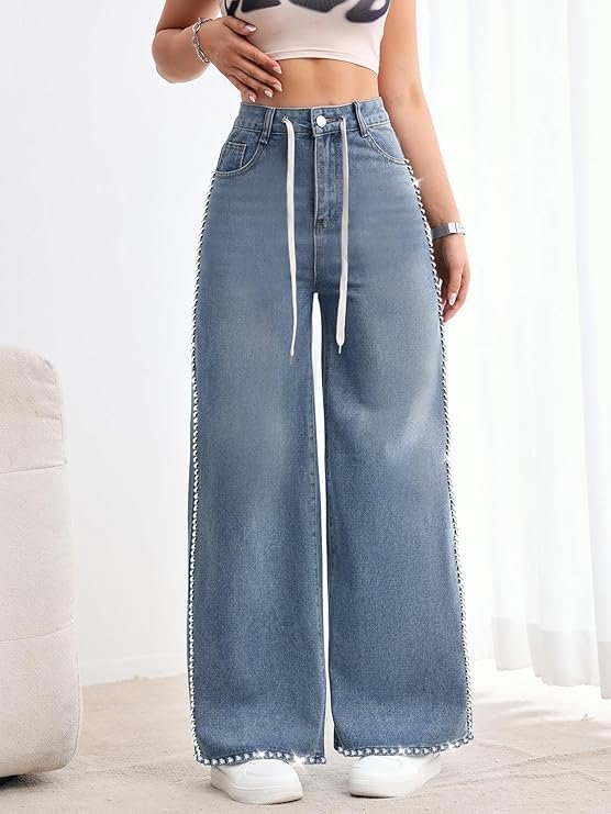 jeans mastyle® women's stylish light colored high waisted widast leg jeans | fashionable stone border jeans mastyle® women's stylish light colored high waisted widast leg jeans | fashionable stone border