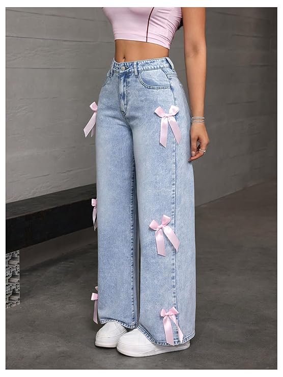 mastyle® women's zipper fly bow knot denim pants | loose fit, button front, straight leg jeans for casual fashion mastyle® women's zipper fly bow knot denim pants | loose fit, button front, straight leg jeans for casual fashion