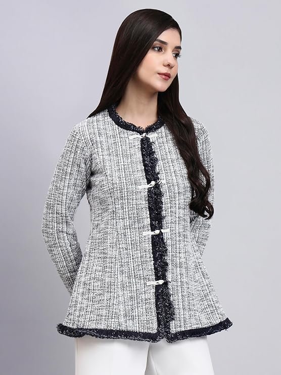 owersutra black & white tweed top jacket with textured buttons | tops for woman | women top stylish office wear owersutra black & white tweed top jacket with textured buttons | tops for woman | women top stylish office wear