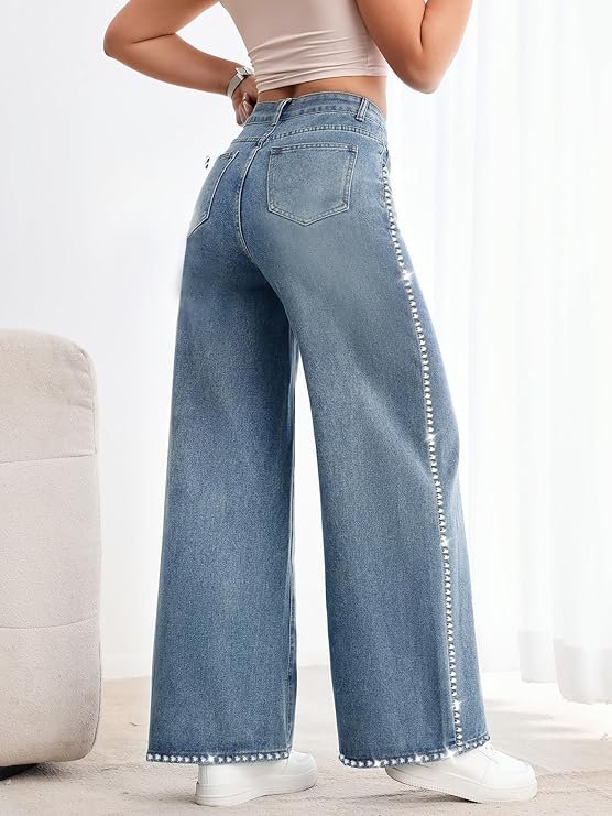 jeans mastyle® women's stylish light colored high waisted widast leg jeans | fashionable stone border jeans mastyle® women's stylish light colored high waisted widast leg jeans | fashionable stone border