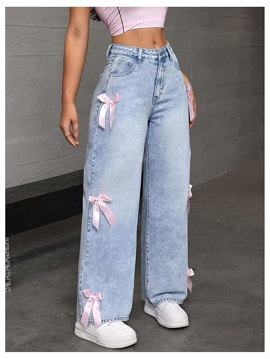 mastyle® women's zipper fly bow knot denim pants | loose fit, button front, straight leg jeans for casual fashion mastyle® women's zipper fly bow knot denim pants | loose fit, button front, straight leg jeans for casual fashion