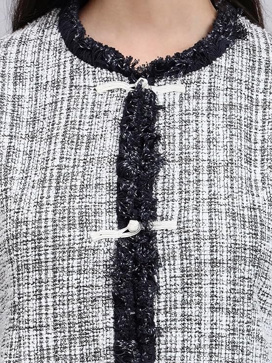 owersutra black & white tweed top jacket with textured buttons | tops for woman | women top stylish office wear owersutra black & white tweed top jacket with textured buttons | tops for woman | women top stylish office wear