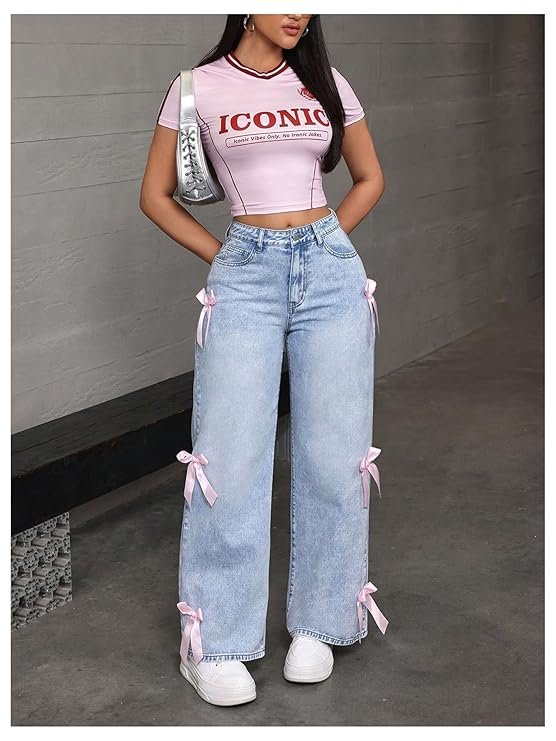 mastyle® women's zipper fly bow knot denim pants | loose fit, button front, straight leg jeans for casual fashion mastyle® women's zipper fly bow knot denim pants | loose fit, button front, straight leg jeans for casual fashion