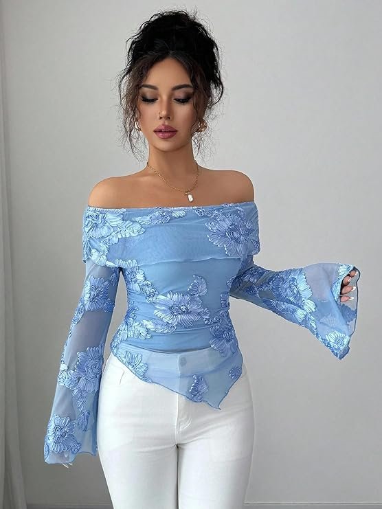 women’s off shoulder embroidered top | slim fit long sleeve women’s off shoulder embroidered top | slim fit long sleeve