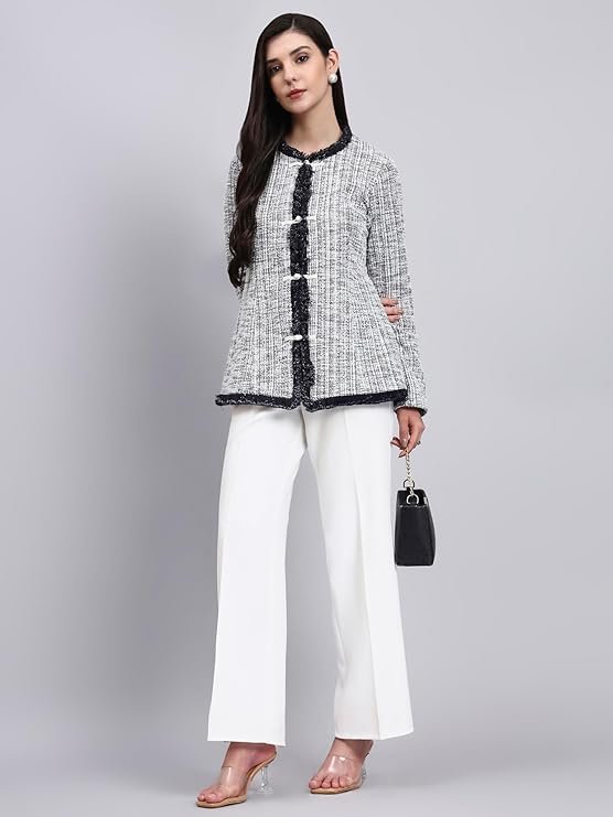 owersutra black & white tweed top jacket with textured buttons | tops for woman | women top stylish office wear owersutra black & white tweed top jacket with textured buttons | tops for woman | women top stylish office wear