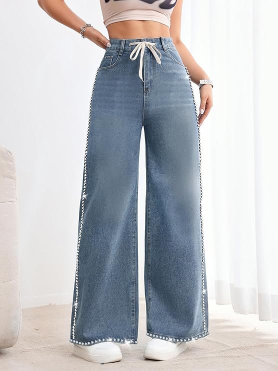 jeans mastyle® women's stylish light colored high waisted widast leg jeans | fashionable stone border jeans mastyle® women's stylish light colored high waisted widast leg jeans | fashionable stone border