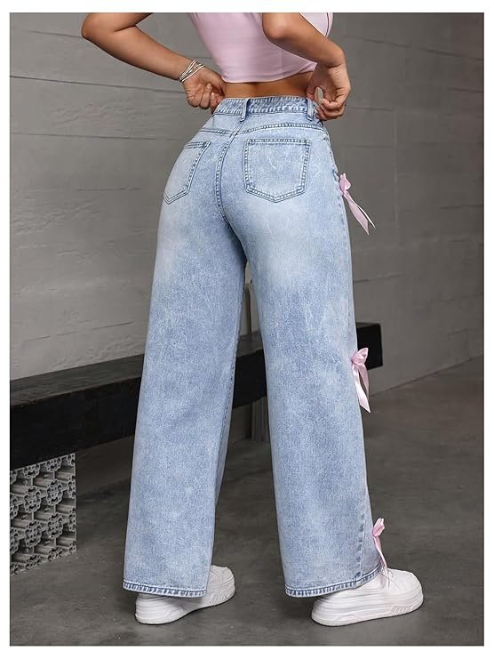 mastyle® women's zipper fly bow knot denim pants | loose fit, button front, straight leg jeans for casual fashion mastyle® women's zipper fly bow knot denim pants | loose fit, button front, straight leg jeans for casual fashion