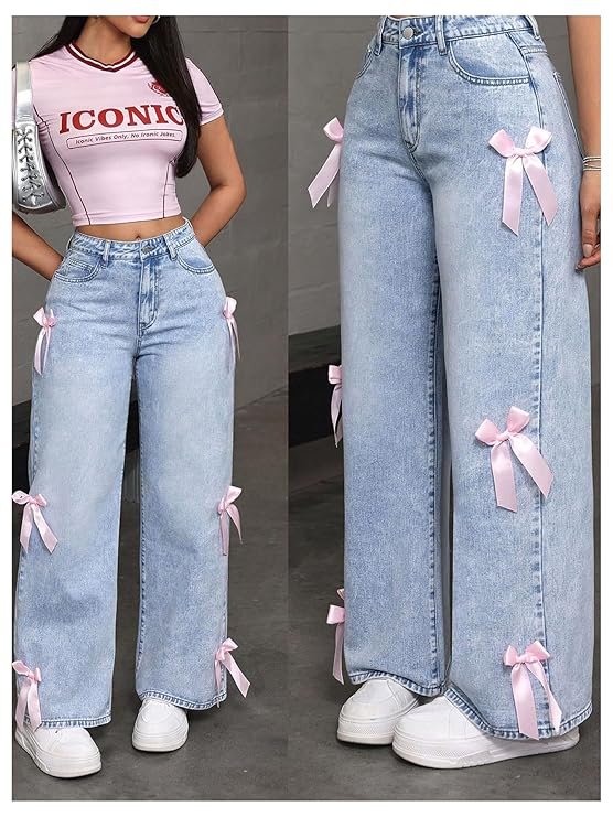 mastyle® women's zipper fly bow knot denim pants | loose fit, button front, straight leg jeans for casual fashion mastyle® women's zipper fly bow knot denim pants | loose fit, button front, straight leg jeans for casual fashion