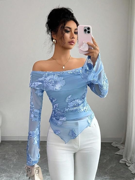 women’s off shoulder embroidered top | slim fit long sleeve women’s off shoulder embroidered top | slim fit long sleeve